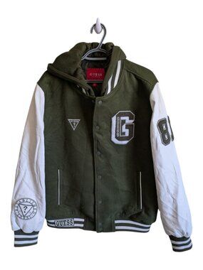 Guess Varsity Jacket Olive/White Faux Leather Removeable Inner/Hood Size XL